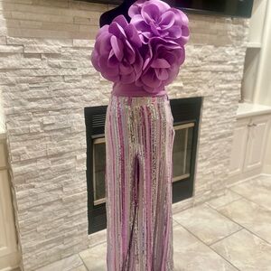 Purple Floral Top with Sequin Striped Pants